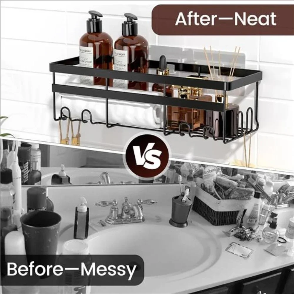 Adhesive Shower Caddy Shelf, 2 Pack - No Drilling Stainless, Black Shelves